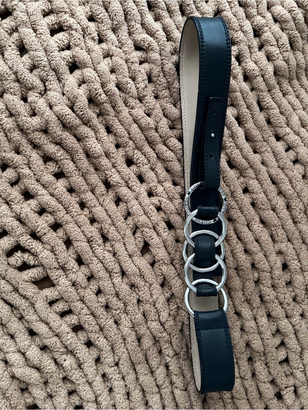 Guess Black Leather Belt with Silver Ring Hardware